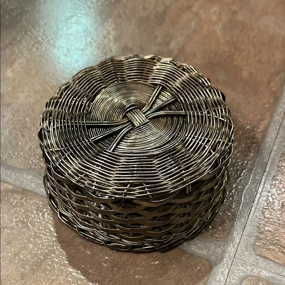 Elaborate Elegant Woven Basket with Lid - Grey Metal Vintage